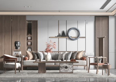 新中式家居客厅 沙发茶几组合 边几 单椅 墙饰 佛头 摆件